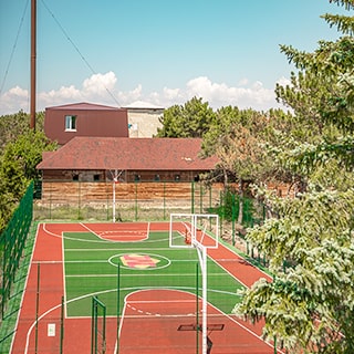 На фото: огороженная баскетбольная площадка с покрытием, в окружении зелени и деревьев, за ней на заднем плане - деревянное здание с кровлей из мягкой черепицы, и труба котельной
